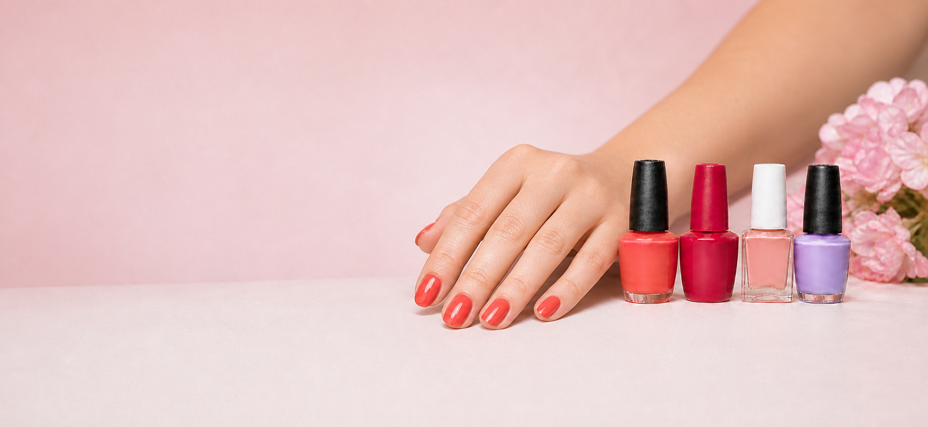 Mano y antebrazo en estudio con manicura coral junto a cuatro esmaltes